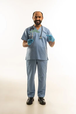 Saudi Male Doctor in Blue Scrubs with Mustache Prop