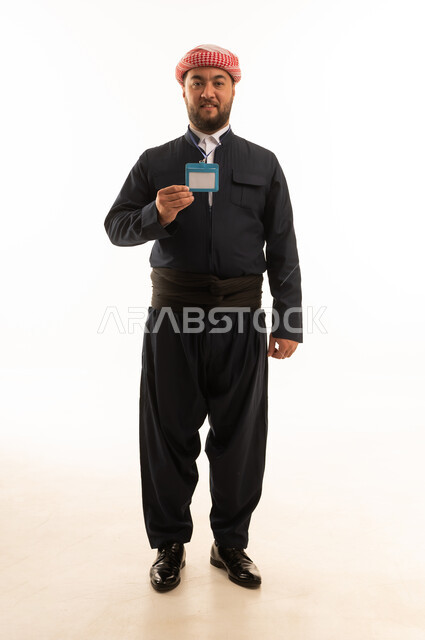 Kurdish Man in Traditional Clothing Holding ID Badge