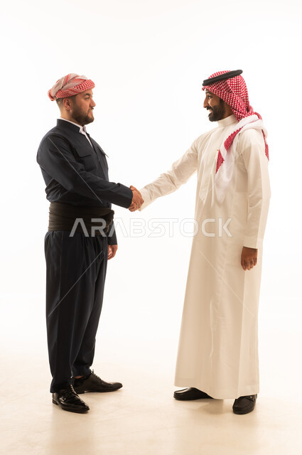Saudi and Kurdish Men Handshaking on White Background