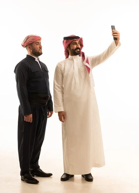 Saudi and Kurdish Men Taking Selfie on White Background
