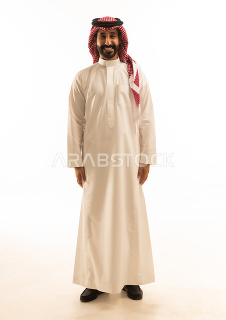 Saudi Man in Traditional White Thobe on White Background