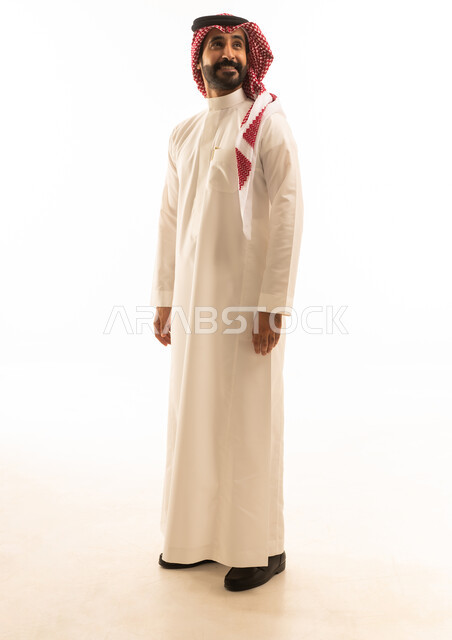 Saudi Man in Traditional White Thobe on White Background