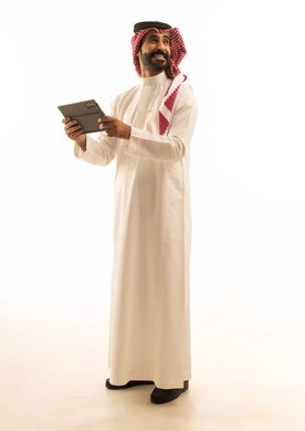 Saudi Man with Tablet on White Background Full Shot