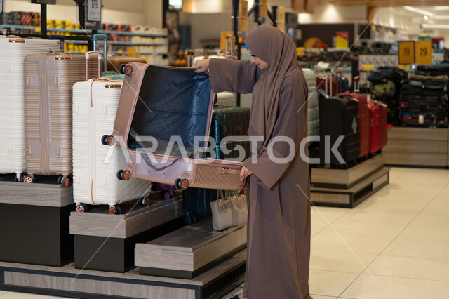 امرأة عربية تتفحص حقيبة سفر في متجر تجزئة