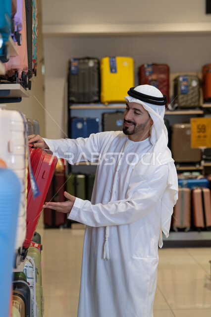 رجل إماراتي يختار حقيبة سفر في متجر حقائب