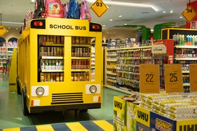 Yellow School Bus Display in Stationery Store