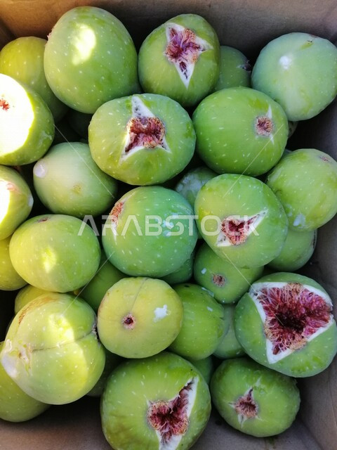 A close-up of a group of figs, delicious delicious fig fruit, useful healthy fruits in Saudi Arabia