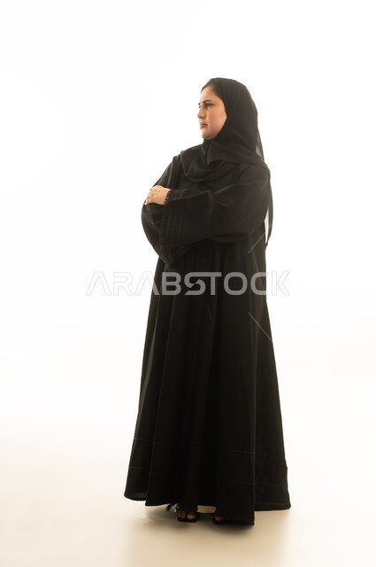Saudi Woman in Black Abaya on White Background