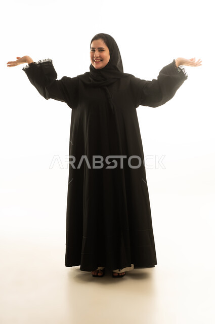 Saudi Woman in Black Abaya on White Background