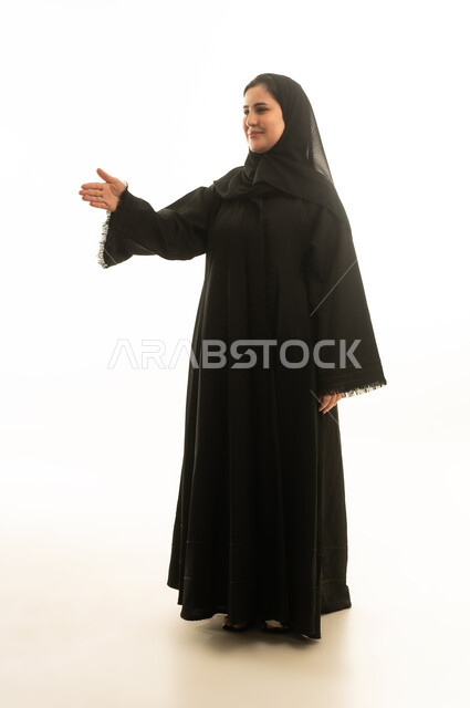 Saudi Woman in Abaya Handshaking on White Background
