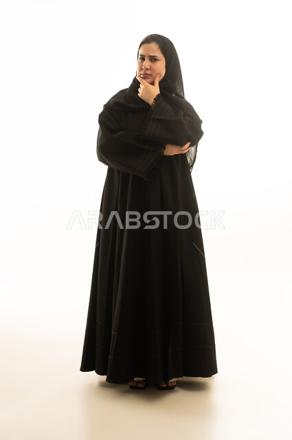 Saudi Woman in Black Abaya Thinking on White Background