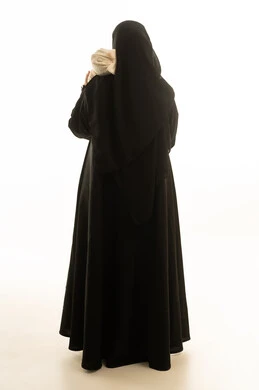 Saudi Woman in Black Abaya Holding Infant Back View