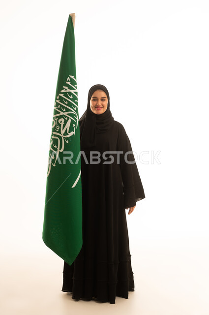 Saudi Woman with National Flag on White Background