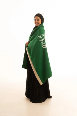 Saudi Woman with National Flag on White Background