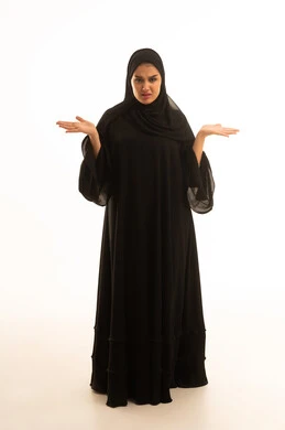 Saudi Woman in Black Abaya Shrugging on White Background