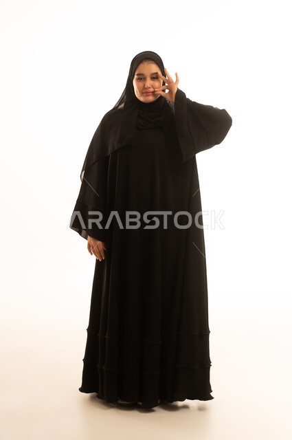Saudi Woman in Black Abaya on White Background