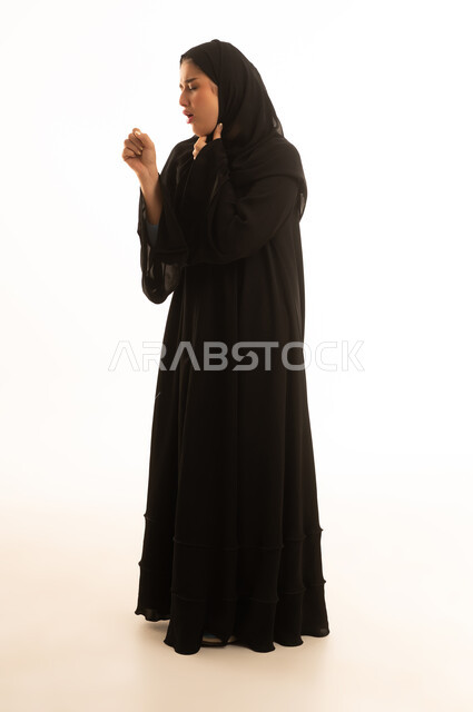 Saudi Woman in Abaya with Sore Throat Pain