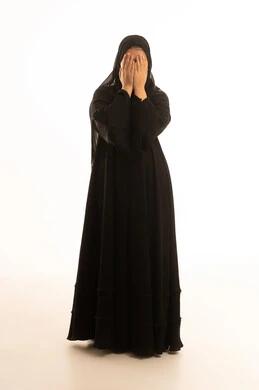 Saudi Woman in Abaya Covering Face on White Background