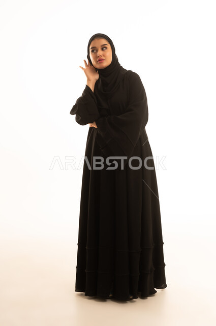 Saudi Woman in Black Abaya on White Background
