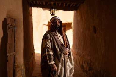 رجل عربي سعودي خليجي يرتدي زي يوم التأسيسي يقف داخل مبنى طيني, ذكرى تأسيس الدوله السعوديه الاولى على يد الامام محمد بن سعود, يوم بدينا 22 فبراير 1727م, العمق التاريخي والحضاري للمملكة، هوية اليوم الوطني السعودي 92