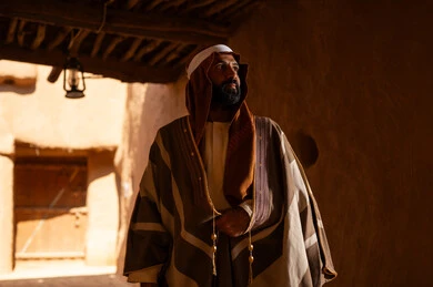 An Arab Saudi Gulf man wearing the founding day attire stands inside a mud building, commemorating the establishment of the first Saudi state by Imam Muhammad bin Saud, on the day we began, February 22, 1727. The historical and cultural depth of the Kingdom is the identity of Saudi National Day 92.