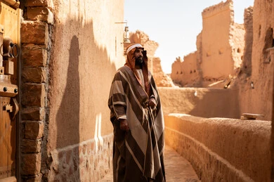 رجل عربي سعودي خليجي يرتدي زي يوم التأسيسي يقف وقفة شموخ وفخر بتاريخ المملكة, ذكرى تأسيس الدوله السعوديه الاولى على يد الامام محمد بن سعود, يوم بدينا 22 فبراير 1727م, العمق التاريخي والحضاري للمملكة، هوية اليوم الوطني السعودي 92