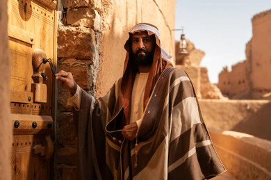 An Arab Saudi Gulf man wearing the Foundation Day attire knocks on a wooden door of a clay building, commemorating the establishment of the first Saudi state by Imam Muhammad bin Saud, on the day we began, February 22, 1727. The historical and cultural depth of the Kingdom, the identity of Saudi National Day 92.