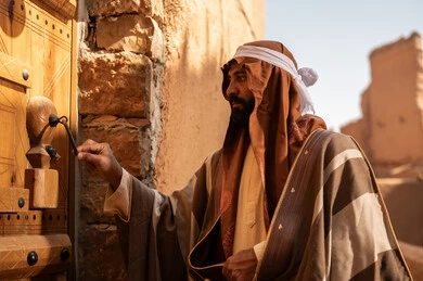 An Arab Saudi Gulf man wearing the Foundation Day attire knocks on a wooden door of a clay building, commemorating the establishment of the first Saudi state by Imam Muhammad bin Saud, on the day we began, February 22, 1727. The historical and cultural depth of the Kingdom, the identity of Saudi National Day 92.