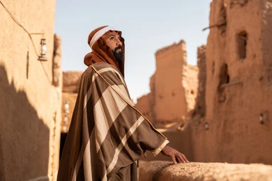 A side view of an Arab Saudi Gulf man wearing the Foundation Day attire standing next to a mud building, commemorating the establishment of the first Saudi state by Imam Muhammad bin Saud, which began on February 22, 1727. The historical and cultural depth of the Kingdom, the identity of Saudi National Day 92.