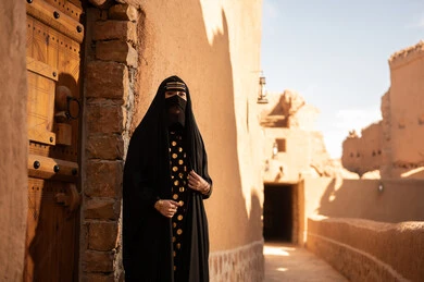 الفخر والاعتزاز بالهوية الوطنية، نمط حياة البدو الشعبية في البيوت الطينية التراثية، يوم بدينا 1727 م، ارتداء الزي الشعبي في ذكرى تأسيس الدولة السعودية الاولى 22 فبراير، امرأة عربية خليجية سعودية ترتدي العباءة السوداء والبرقع في منزل قديم
