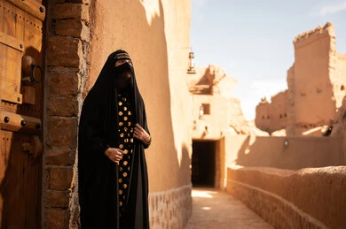 نمط حياة البدو الشعبية في البيوت الطينية التراثية، يوم بدينا 1727 م، ارتداء الزي الشعبي في ذكرى تأسيس الدولة السعودية الاولى 22 فبراير، امرأة عربية خليجية سعودية ترتدي العباءة السوداء والبرقع في منزل قديم، الفخر والاعتزاز بالهوية الوطنية