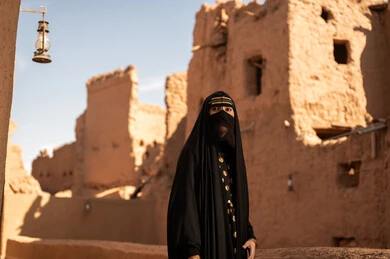 Wearing traditional dress on the anniversary of the founding of the first Saudi state, February 22nd, expresses pride in national identity and reflects the Bedouin lifestyle in traditional mud houses. The day we began, 1727 AD, a Saudi Arabian woman from the Gulf region wearing a black abaya and burqa in an old house.