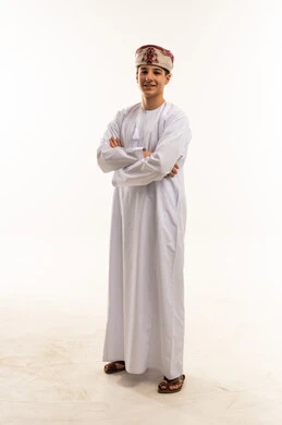 Omani Man in Traditional Dishdasha on White Background