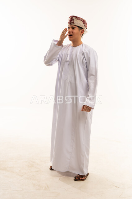 Omani Man in Traditional Dishdasha Yawning on White