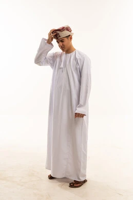 Omani Man in Traditional Dishdasha on White Background