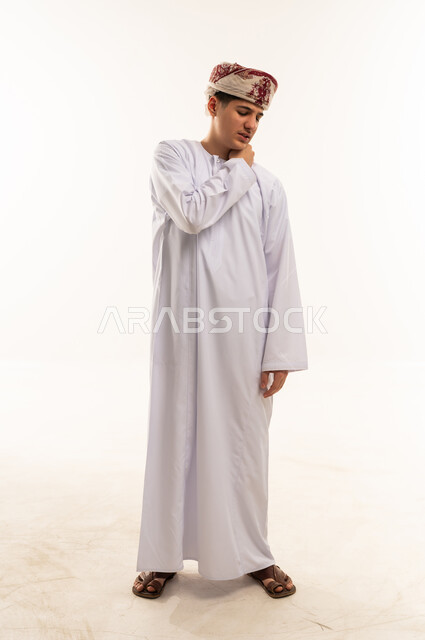 Omani Man in Traditional Dishdasha on White Background
