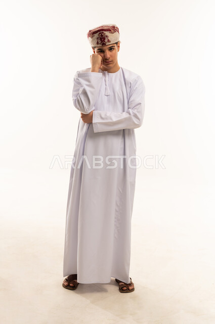 Omani Man in Traditional Dishdasha on White Background