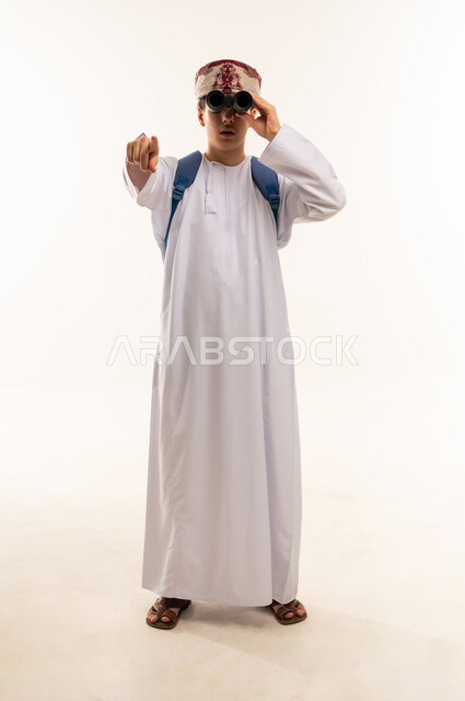 Omani Boy with Binoculars on White Background
