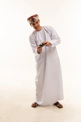 Omani Man with Smartphone on White Background