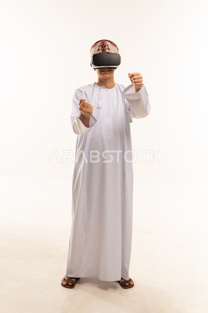 Omani Man Wearing VR Headset on White Background