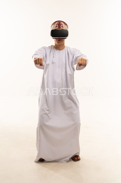 Omani Man Using Virtual Reality Headset in Studio