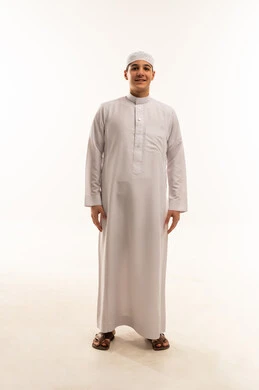 Smiling Arab Youth in White Thobe on White Background