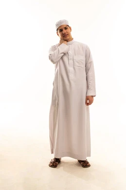 Saudi Man Wearing White Thobe on Plain White Background
