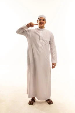 Saudi Man in White Thobe Pointing on White Background