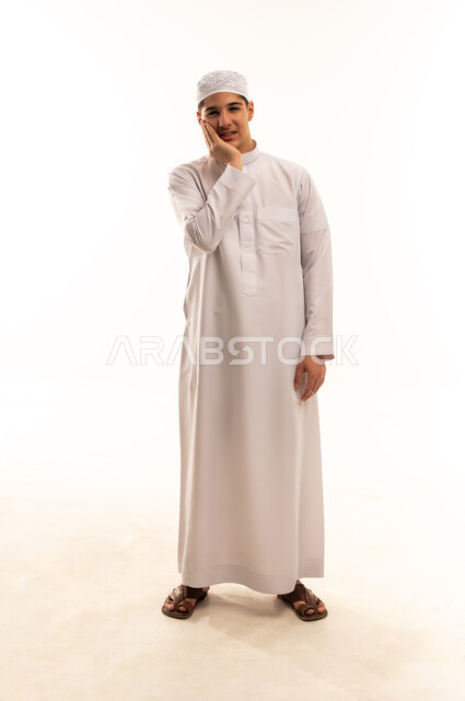 Saudi Man in White Thobe with Toothache Pain