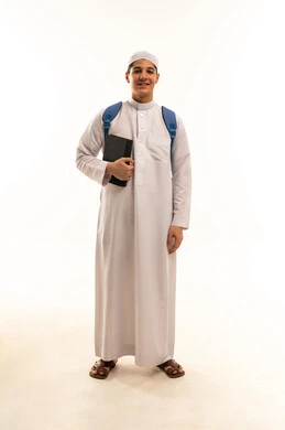 Saudi Student in White Thobe with Backpack and Tablet
