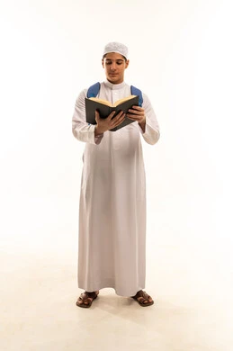 Arab Student Reading Book with Backpack on White Background