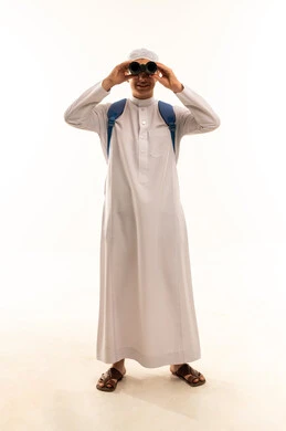 Saudi Man with Binoculars and Backpack on White Background