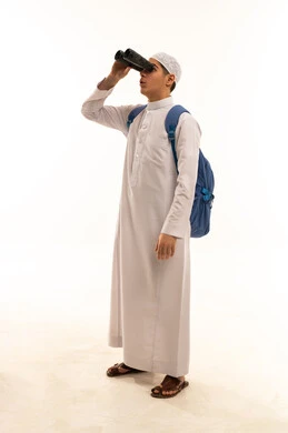 Saudi Boy in Thobe Using Binoculars on White Background
