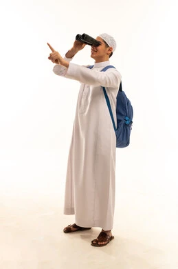 Saudi Man in Thobe Using Binoculars on White Background